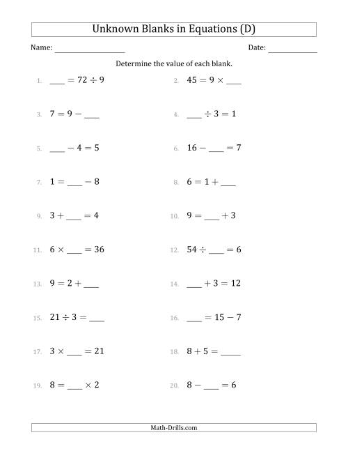 The Unknown Blanks in Equations - All Operations - Range 1 to 9 - Any Position (D) Math Worksheet