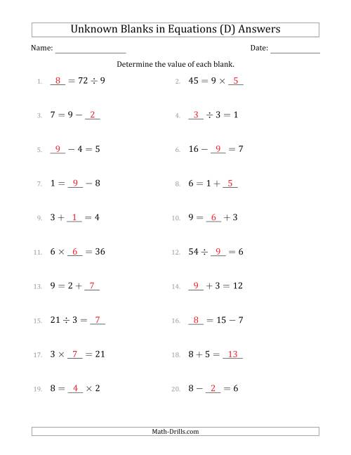 The Unknown Blanks in Equations - All Operations - Range 1 to 9 - Any Position (D) Math Worksheet Page 2