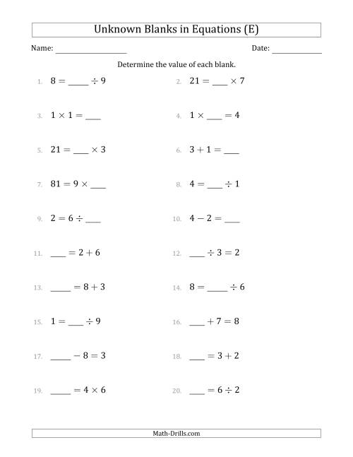 The Unknown Blanks in Equations - All Operations - Range 1 to 9 - Any Position (E) Math Worksheet