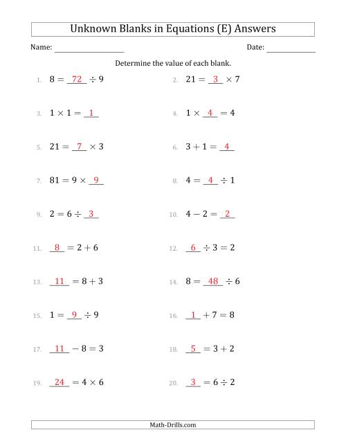 The Unknown Blanks in Equations - All Operations - Range 1 to 9 - Any Position (E) Math Worksheet Page 2