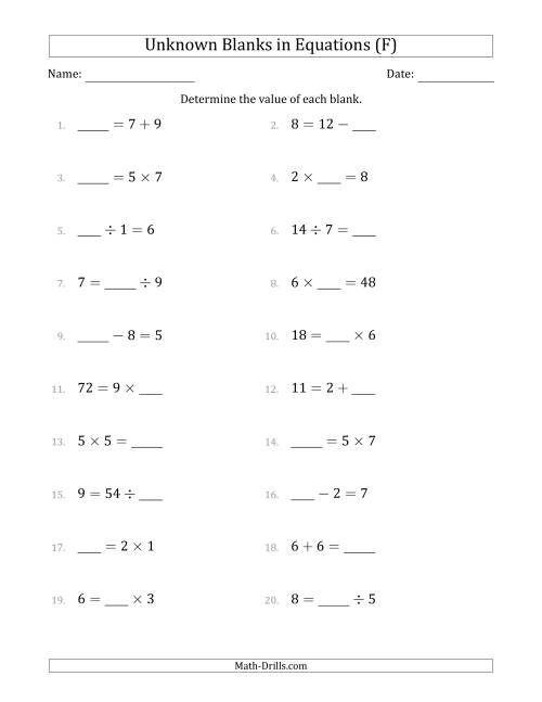 The Unknown Blanks in Equations - All Operations - Range 1 to 9 - Any Position (F) Math Worksheet