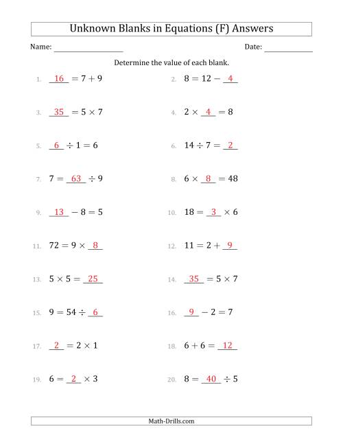The Unknown Blanks in Equations - All Operations - Range 1 to 9 - Any Position (F) Math Worksheet Page 2