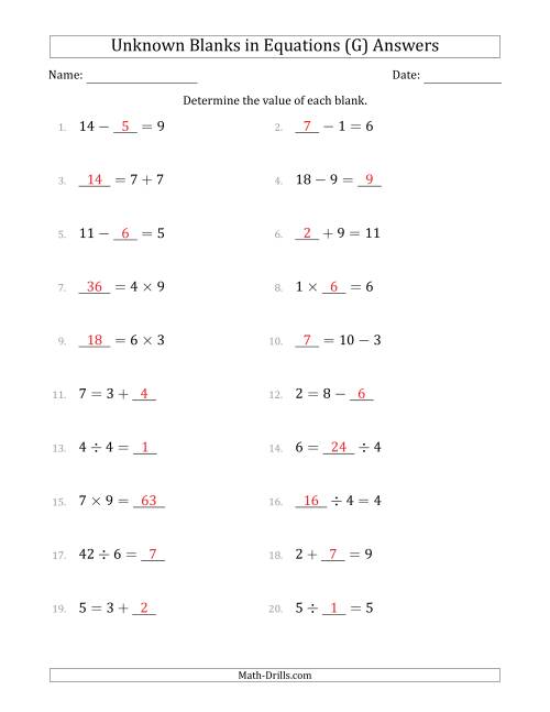 The Unknown Blanks in Equations - All Operations - Range 1 to 9 - Any Position (G) Math Worksheet Page 2