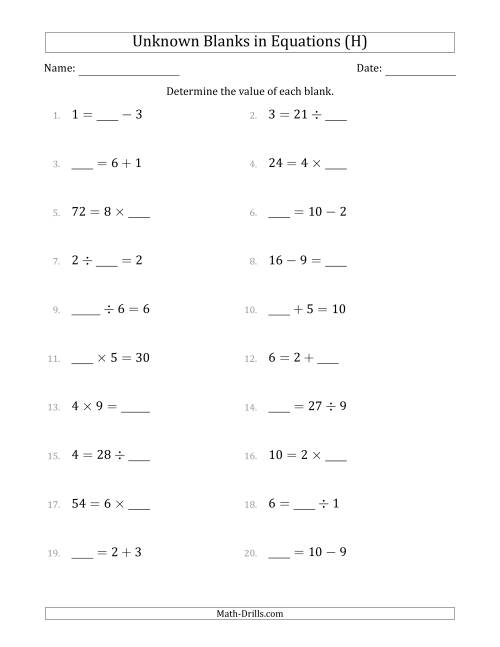 The Unknown Blanks in Equations - All Operations - Range 1 to 9 - Any Position (H) Math Worksheet