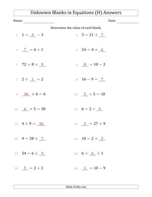 The Unknown Blanks in Equations - All Operations - Range 1 to 9 - Any Position (H) Math Worksheet Page 2
