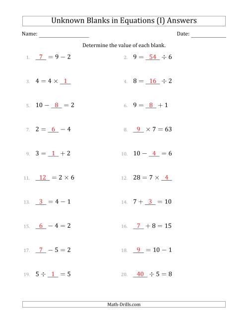 The Unknown Blanks in Equations - All Operations - Range 1 to 9 - Any Position (I) Math Worksheet Page 2