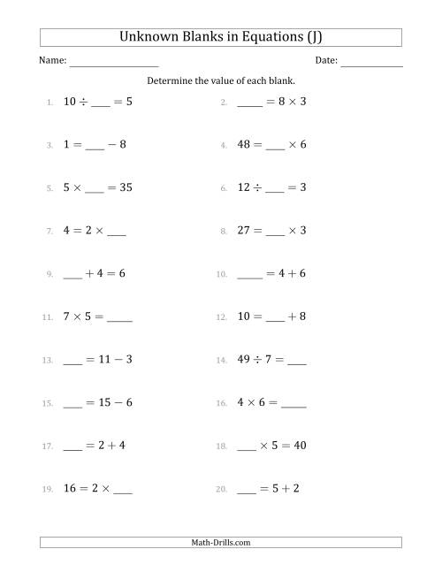 The Unknown Blanks in Equations - All Operations - Range 1 to 9 - Any Position (J) Math Worksheet