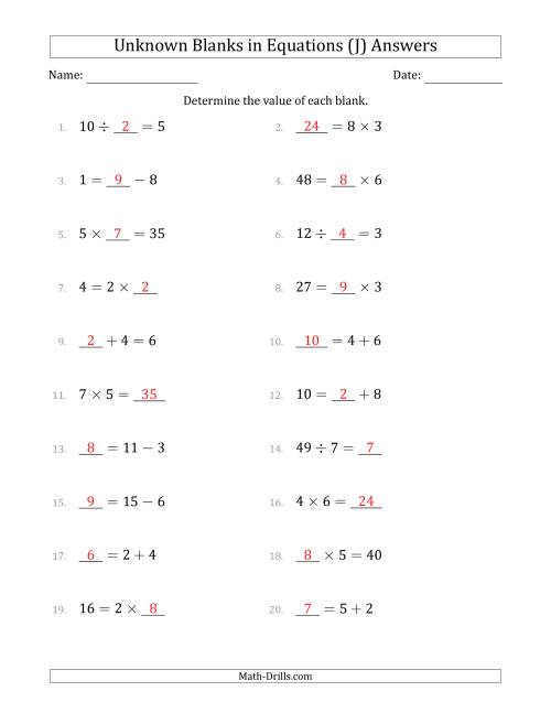 The Unknown Blanks in Equations - All Operations - Range 1 to 9 - Any Position (J) Math Worksheet Page 2