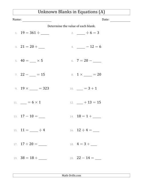 The Unknown Blanks in Equations - All Operations - Range 1 to 20 - Any Position (A) Math Worksheet