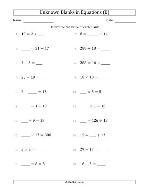 The Unknown Blanks in Equations - All Operations - Range 1 to 20 - Any Position (B) Math Worksheet