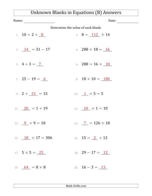 The Unknown Blanks in Equations - All Operations - Range 1 to 20 - Any Position (B) Math Worksheet Page 2