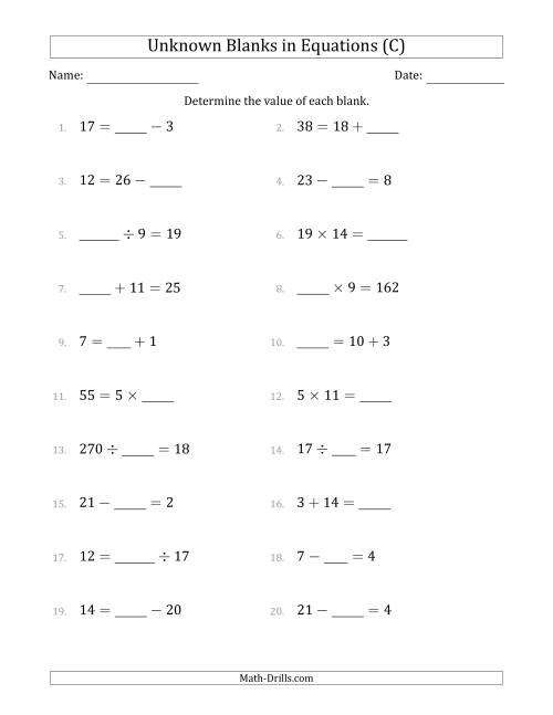 The Unknown Blanks in Equations - All Operations - Range 1 to 20 - Any Position (C) Math Worksheet