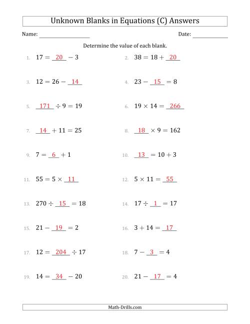 The Unknown Blanks in Equations - All Operations - Range 1 to 20 - Any Position (C) Math Worksheet Page 2