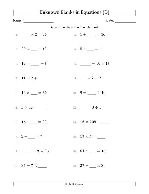 The Unknown Blanks in Equations - All Operations - Range 1 to 20 - Any Position (D) Math Worksheet