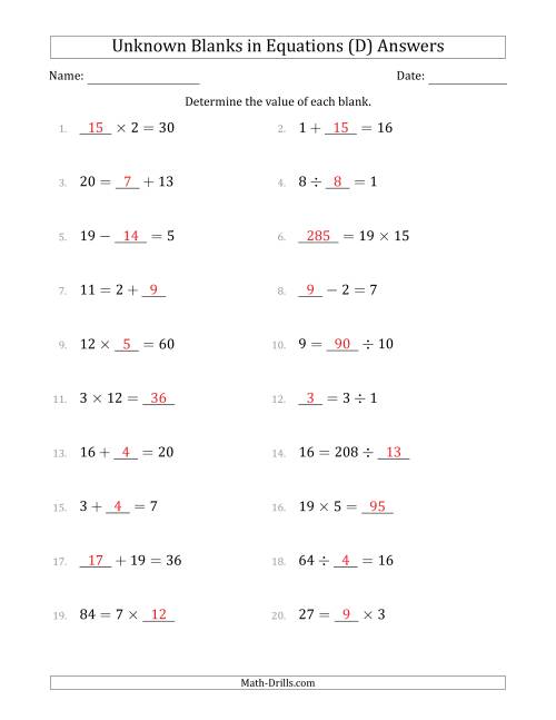 The Unknown Blanks in Equations - All Operations - Range 1 to 20 - Any Position (D) Math Worksheet Page 2