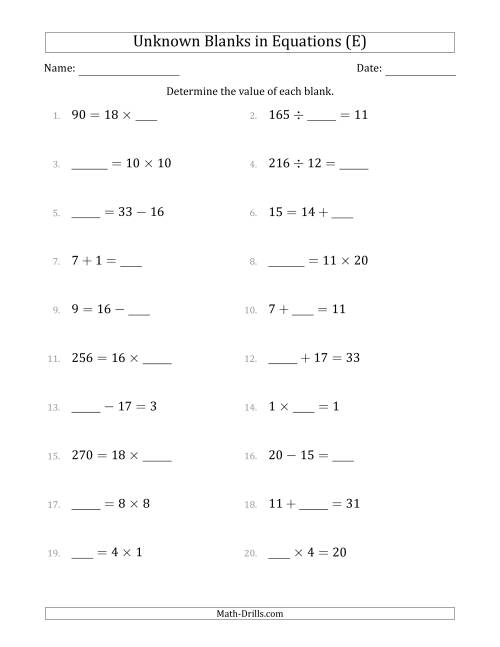 The Unknown Blanks in Equations - All Operations - Range 1 to 20 - Any Position (E) Math Worksheet