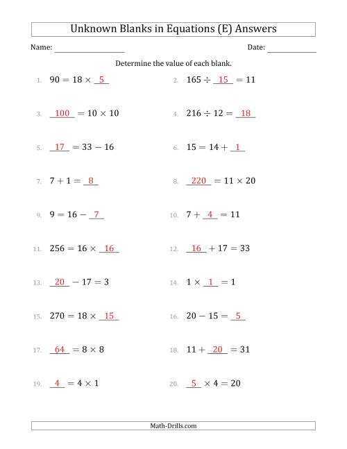 The Unknown Blanks in Equations - All Operations - Range 1 to 20 - Any Position (E) Math Worksheet Page 2