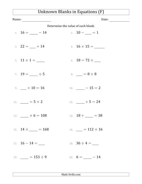 The Unknown Blanks in Equations - All Operations - Range 1 to 20 - Any Position (F) Math Worksheet