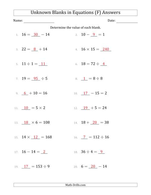 The Unknown Blanks in Equations - All Operations - Range 1 to 20 - Any Position (F) Math Worksheet Page 2