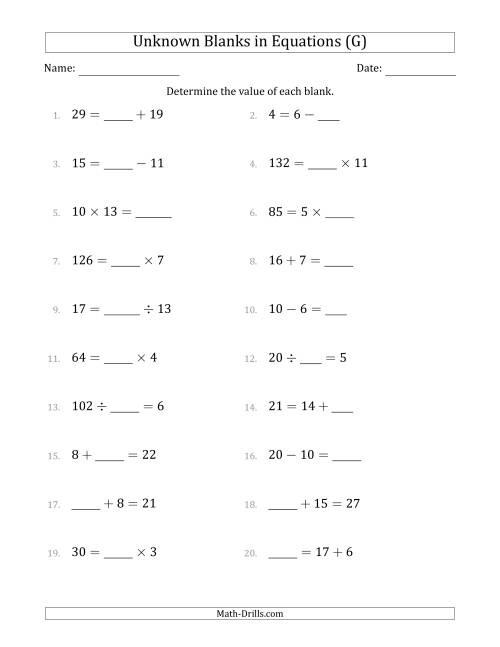 The Unknown Blanks in Equations - All Operations - Range 1 to 20 - Any Position (G) Math Worksheet