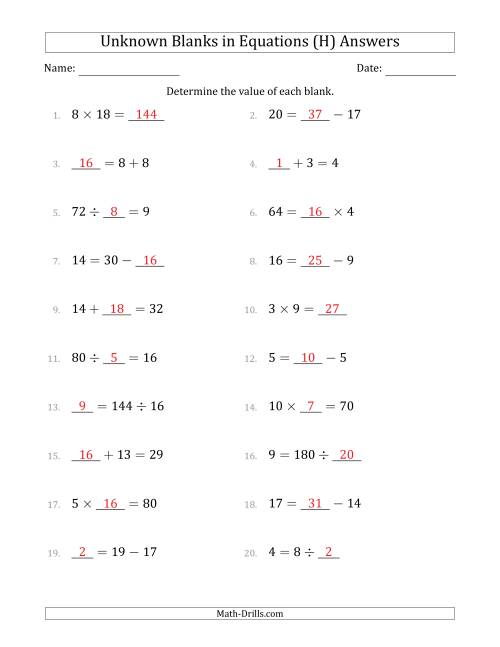 The Unknown Blanks in Equations - All Operations - Range 1 to 20 - Any Position (H) Math Worksheet Page 2