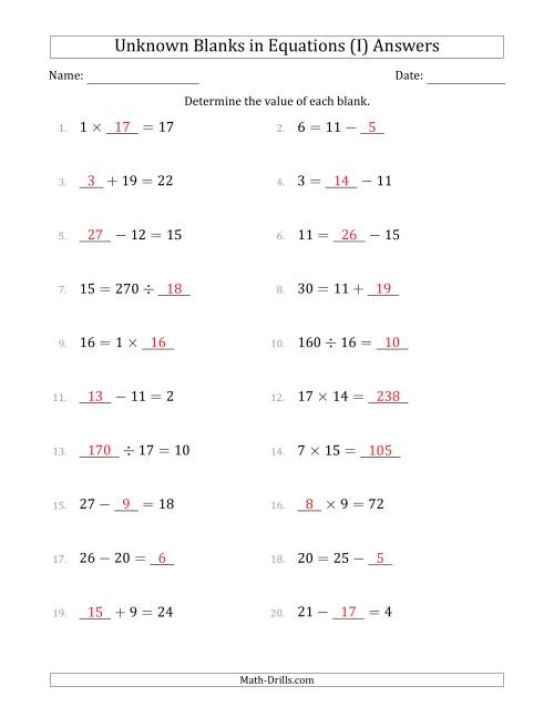 The Unknown Blanks in Equations - All Operations - Range 1 to 20 - Any Position (I) Math Worksheet Page 2