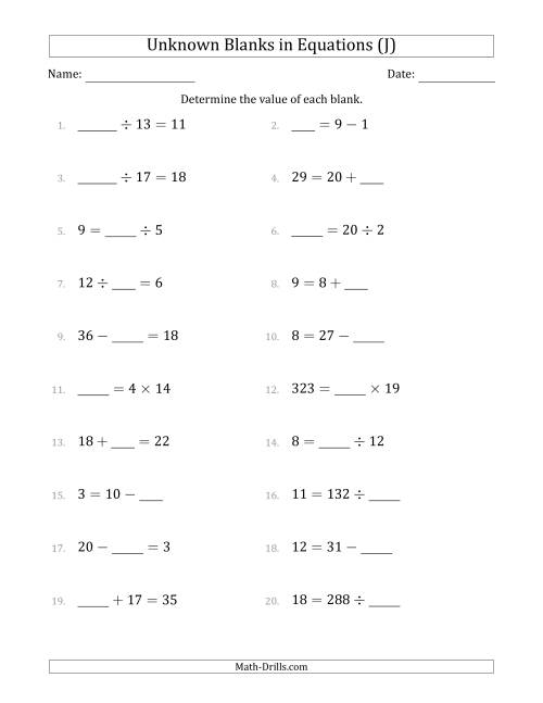 The Unknown Blanks in Equations - All Operations - Range 1 to 20 - Any Position (J) Math Worksheet