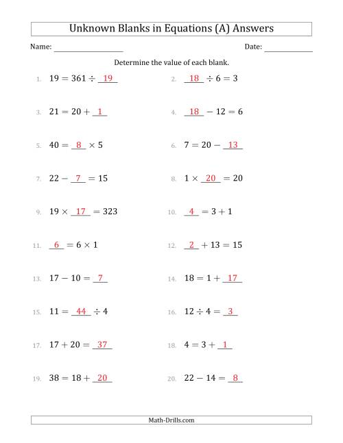 The Unknown Blanks in Equations - All Operations - Range 1 to 20 - Any Position (All) Math Worksheet Page 2