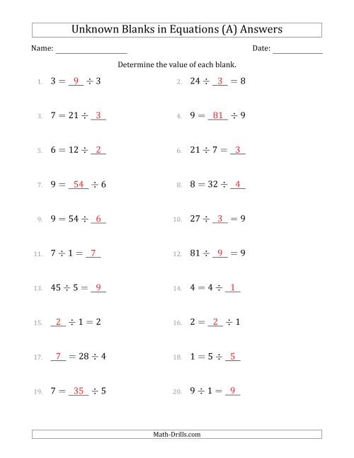 The Unknown Blanks in Equations - Division - Range 1 to 9 - Any Position (A) Math Worksheet Page 2