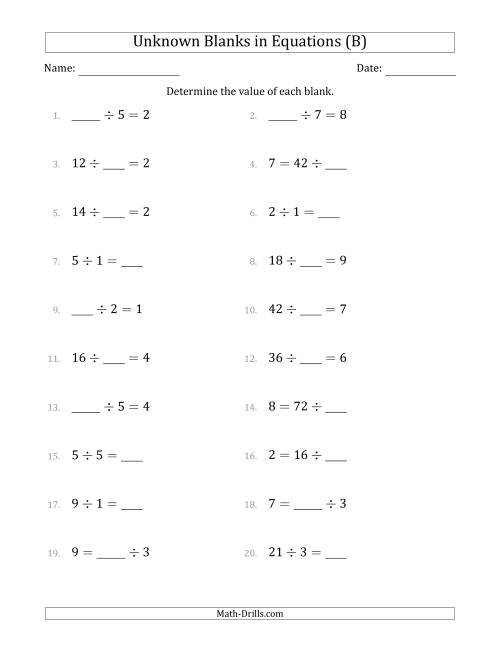 The Unknown Blanks in Equations - Division - Range 1 to 9 - Any Position (B) Math Worksheet