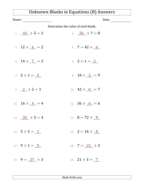 The Unknown Blanks in Equations - Division - Range 1 to 9 - Any Position (B) Math Worksheet Page 2