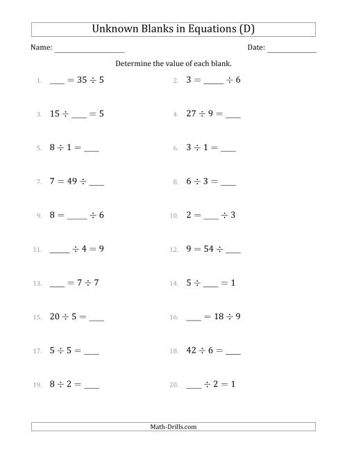 The Unknown Blanks in Equations - Division - Range 1 to 9 - Any Position (D) Math Worksheet