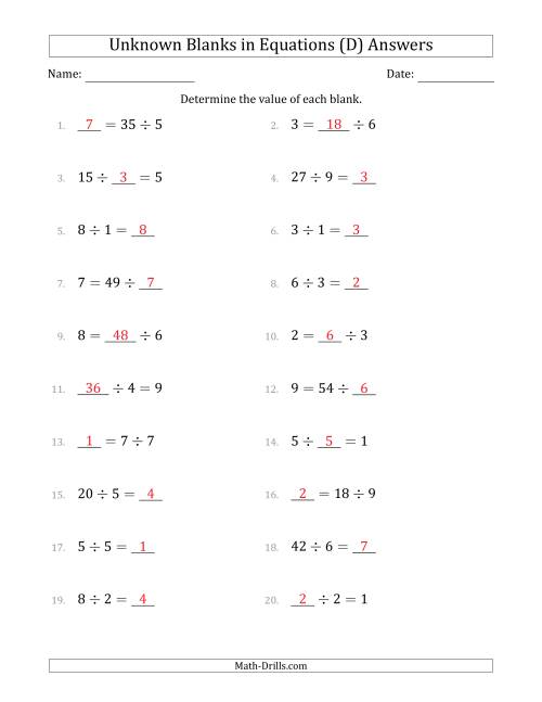 The Unknown Blanks in Equations - Division - Range 1 to 9 - Any Position (D) Math Worksheet Page 2