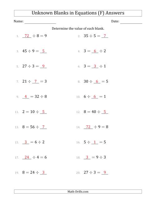 The Unknown Blanks in Equations - Division - Range 1 to 9 - Any Position (F) Math Worksheet Page 2
