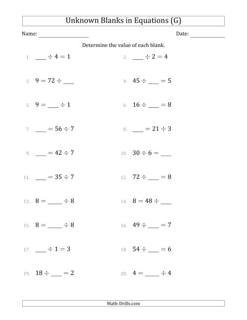 The Unknown Blanks in Equations - Division - Range 1 to 9 - Any Position (G) Math Worksheet
