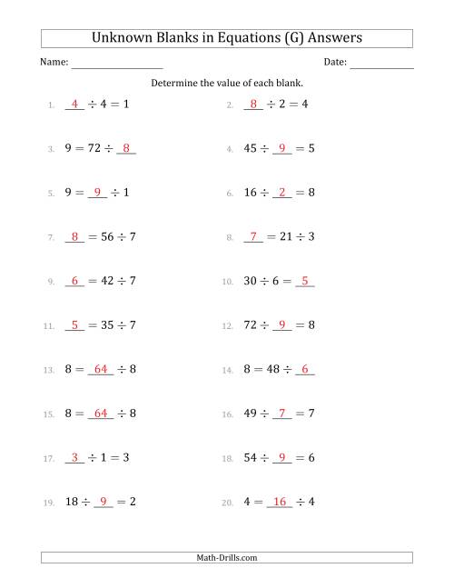 The Unknown Blanks in Equations - Division - Range 1 to 9 - Any Position (G) Math Worksheet Page 2