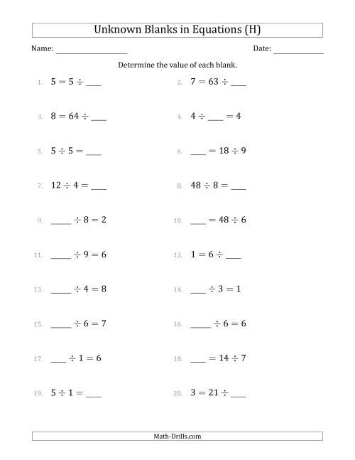 The Unknown Blanks in Equations - Division - Range 1 to 9 - Any Position (H) Math Worksheet