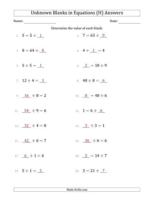 The Unknown Blanks in Equations - Division - Range 1 to 9 - Any Position (H) Math Worksheet Page 2