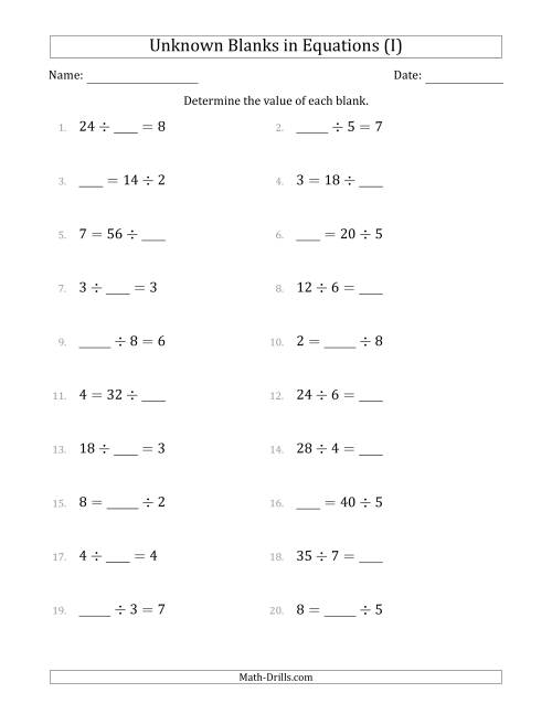 The Unknown Blanks in Equations - Division - Range 1 to 9 - Any Position (I) Math Worksheet