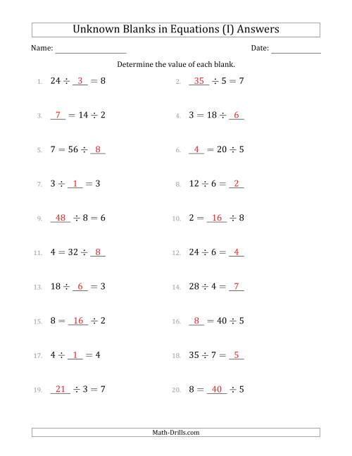 The Unknown Blanks in Equations - Division - Range 1 to 9 - Any Position (I) Math Worksheet Page 2