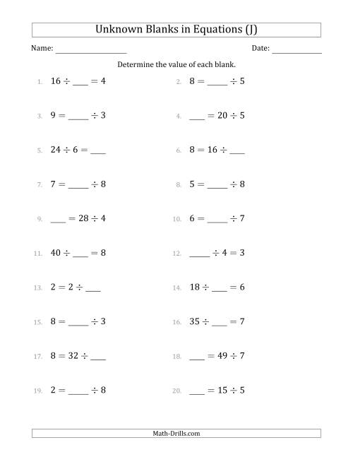 The Unknown Blanks in Equations - Division - Range 1 to 9 - Any Position (J) Math Worksheet