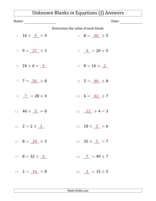 The Unknown Blanks in Equations - Division - Range 1 to 9 - Any Position (J) Math Worksheet Page 2