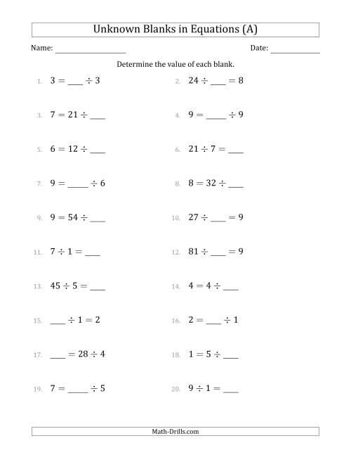 The Unknown Blanks in Equations - Division - Range 1 to 9 - Any Position (All) Math Worksheet
