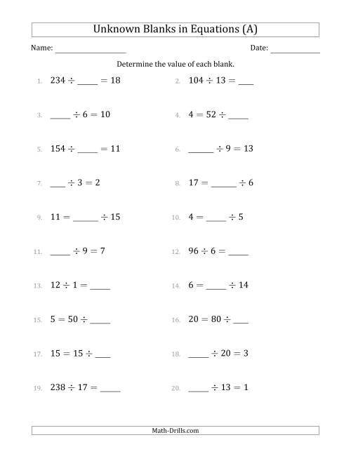 The Unknown Blanks in Equations - Division - Range 1 to 20 - Any Position (A) Math Worksheet
