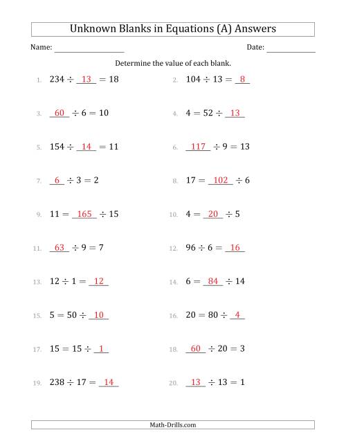 The Unknown Blanks in Equations - Division - Range 1 to 20 - Any Position (A) Math Worksheet Page 2