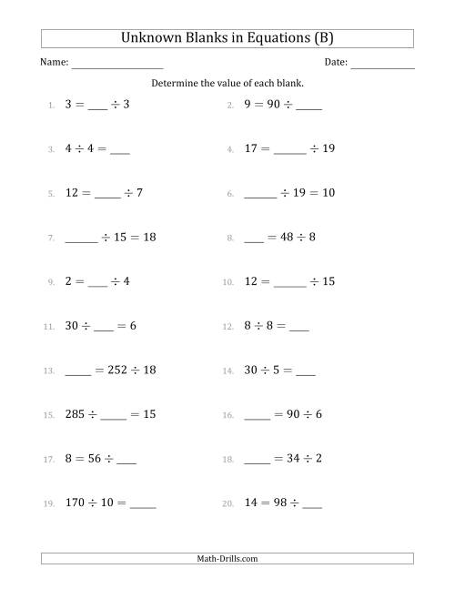 The Unknown Blanks in Equations - Division - Range 1 to 20 - Any Position (B) Math Worksheet