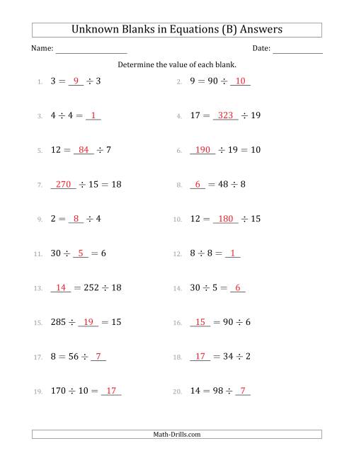 The Unknown Blanks in Equations - Division - Range 1 to 20 - Any Position (B) Math Worksheet Page 2