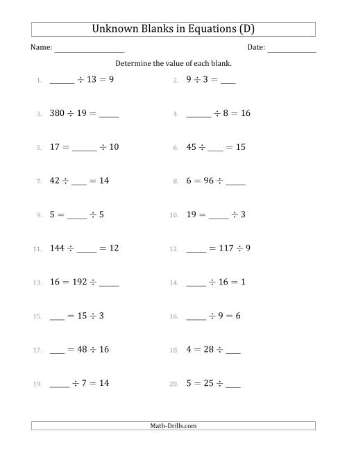 The Unknown Blanks in Equations - Division - Range 1 to 20 - Any Position (D) Math Worksheet