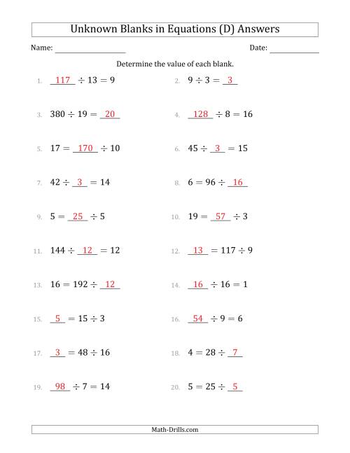 The Unknown Blanks in Equations - Division - Range 1 to 20 - Any Position (D) Math Worksheet Page 2