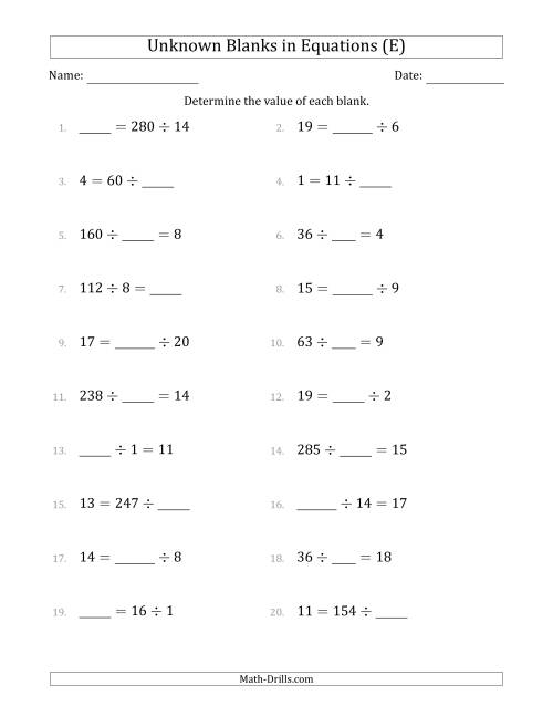 The Unknown Blanks in Equations - Division - Range 1 to 20 - Any Position (E) Math Worksheet